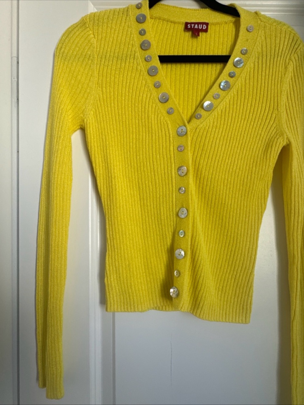 STAUD Alastor Mother Of Pearl Button Detail Yellow Cardigan Sweater Size Small - Picture 2 of 8